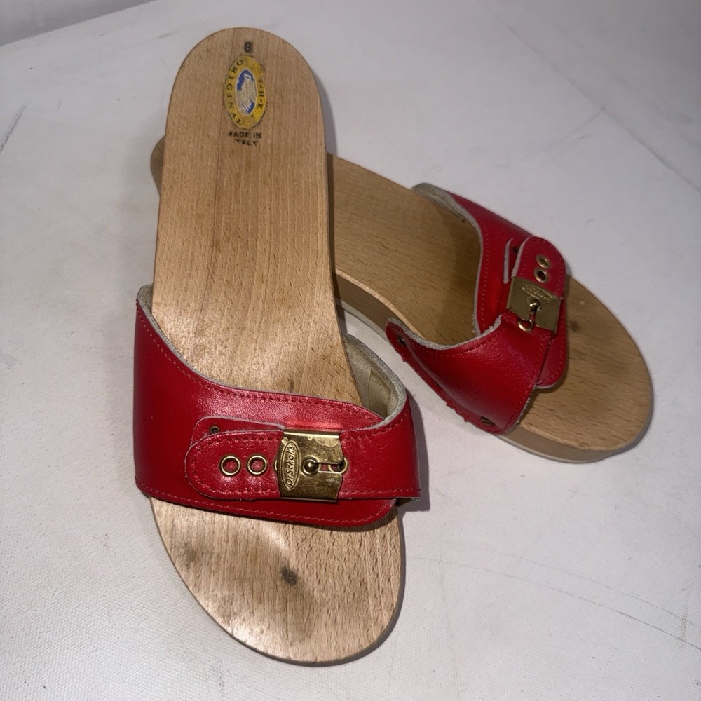 Vintage Y2K Dr. Scholl's Original Exercise Red Leather Wood Sole Italy Sandals 8